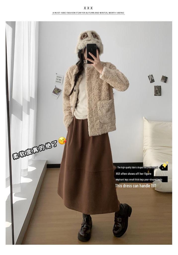 Women's Woolen Patchwork A-line High-waisted Skirt - Autumn/Winter, Slimming, Versatile, Mid-length Drape Design