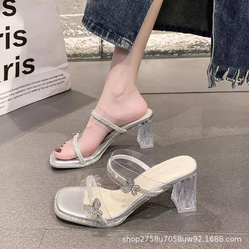 Fairy wind high-heeled slippers female summer wear 2025 new transparent rhinestone one-word drag crystal thick-heeled cool slippers