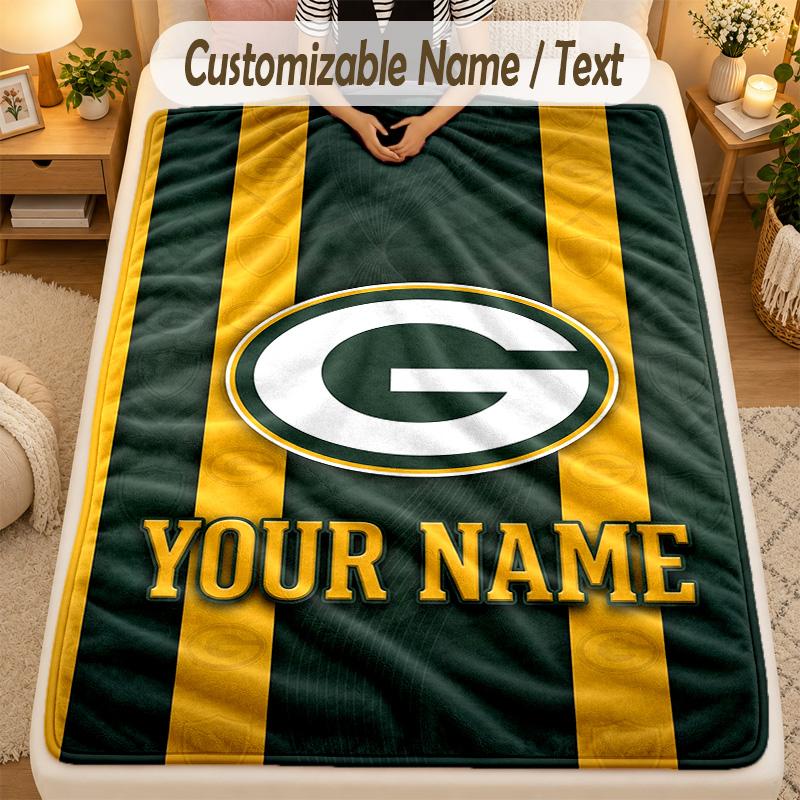 Flannel BlanketGreen Bay Packers Custom Name Text Personalized Soft Warm Throw Blanket Home Decor Gift
