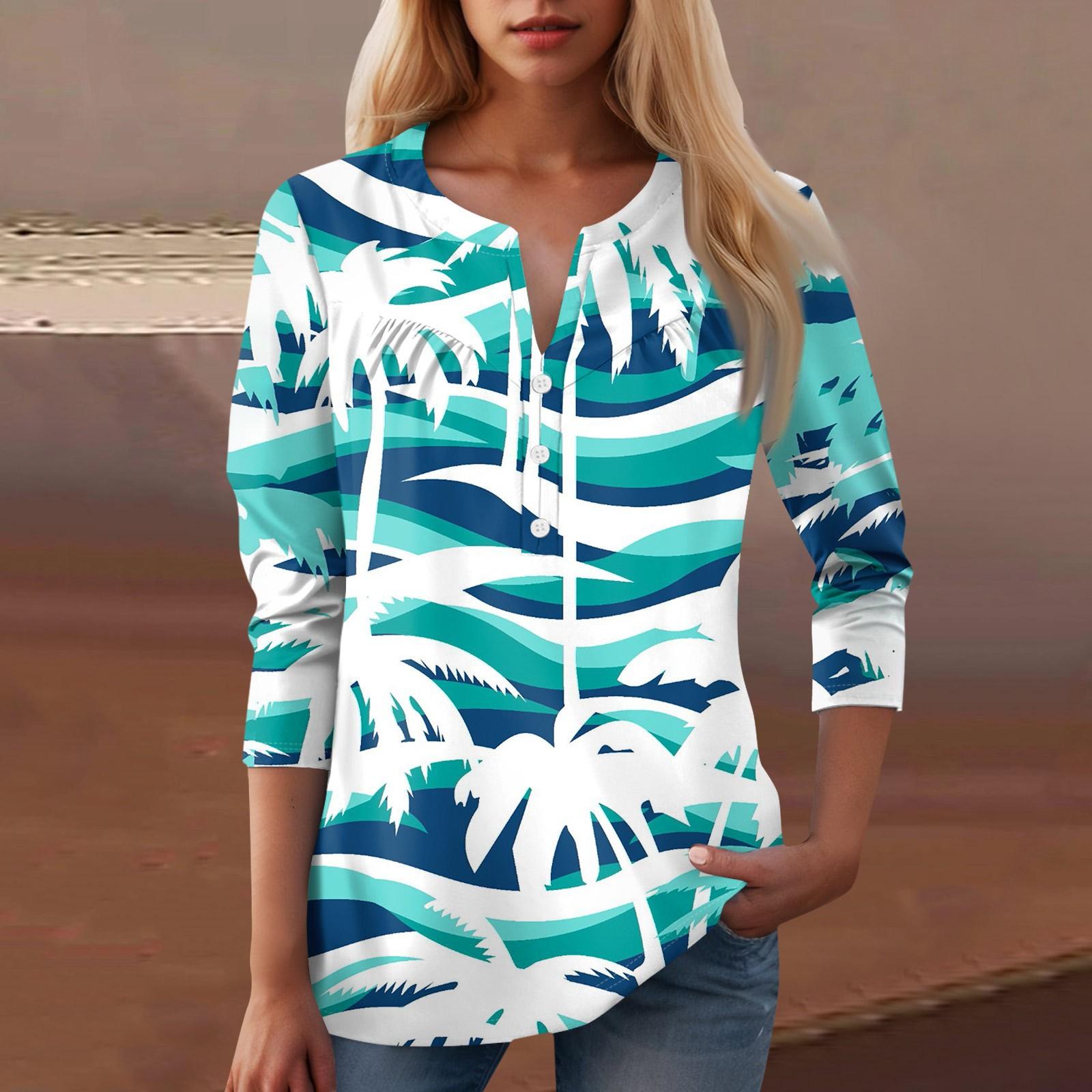 

Женская повседневная футболка с цветочным принтом и V-образным вырезом, декоративная пуговица L циан