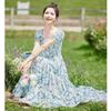Women's Floral Print Square Neck Puff Sleeve Tie-Waist Midi Dress
