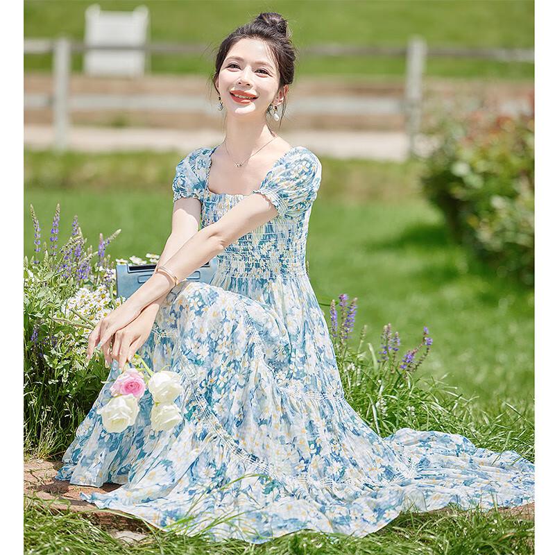 Women's Floral Print Square Neck Puff Sleeve Tie-Waist Midi Dress