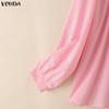 VONDA Summer Women V Neck Crochet Lace Splicing Loose Casual Long Sleeve Blouse