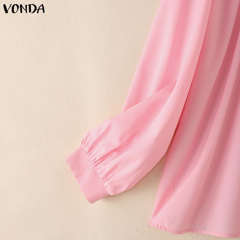VONDA Summer Women V Neck Crochet Lace Splicing Loose Casual Long Sleeve Blouse