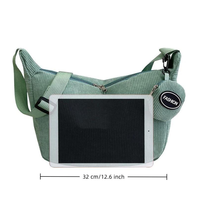 Soft Touch Corduroy Crossbody Bag with Detachable Coin Pouch Adjustable Strap for Teens School Use