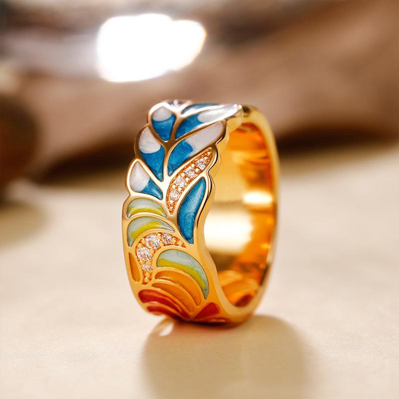 Huajie Trendy Copper Gold-Plated Drip Oil Ring with European, American, and Punk Influences in Blue and White Porcelain Pattern