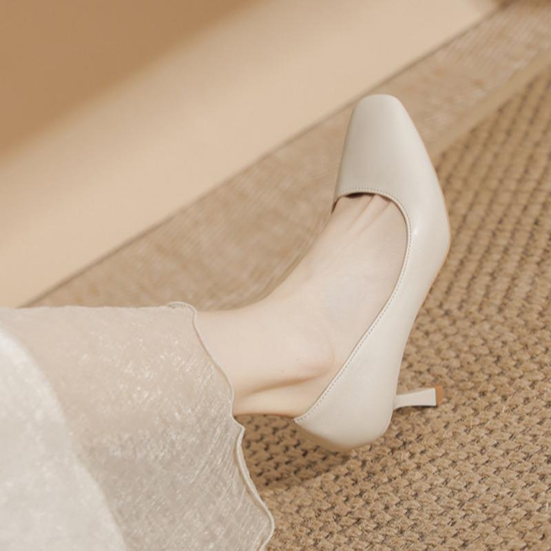 French High Heels Elegant Soft Leather Shoes Thin Heels That Don't Tire Your Feet Single Shoes with Shallow Square Toes All-match Commuter Shoes
