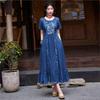 Woman Spring O-Neck Short Sleeves Cowboy Personality Dress Niche Embroidery Loose Retro Dress