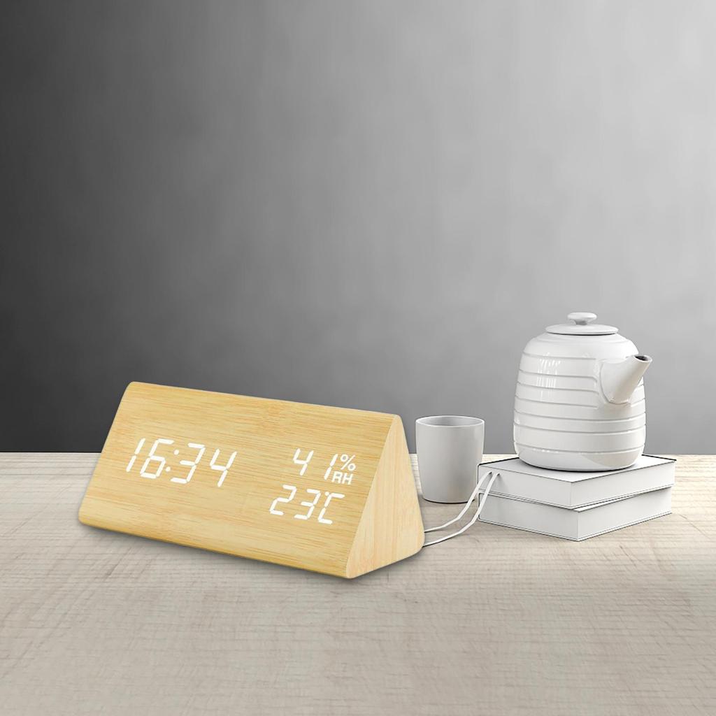 Electronic Alarm Clock LED Wooden with Temperature Brightness Adjustable for