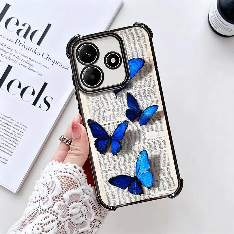 Blue Butterfly Aesthetics Plating Phone Case For Xiaomi Redmi Note 14 15 Pro Plus 13 12 11 11S 11T 10 9S 9 5G Anti-Fall Airabag
