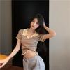 Sommer Frauen Gestrickte Polos kurzarm Hohe Taille Dünne T-shirt Eis Seide Polo Kragen Gestreiften T-shirts Schwarz Blau farbe