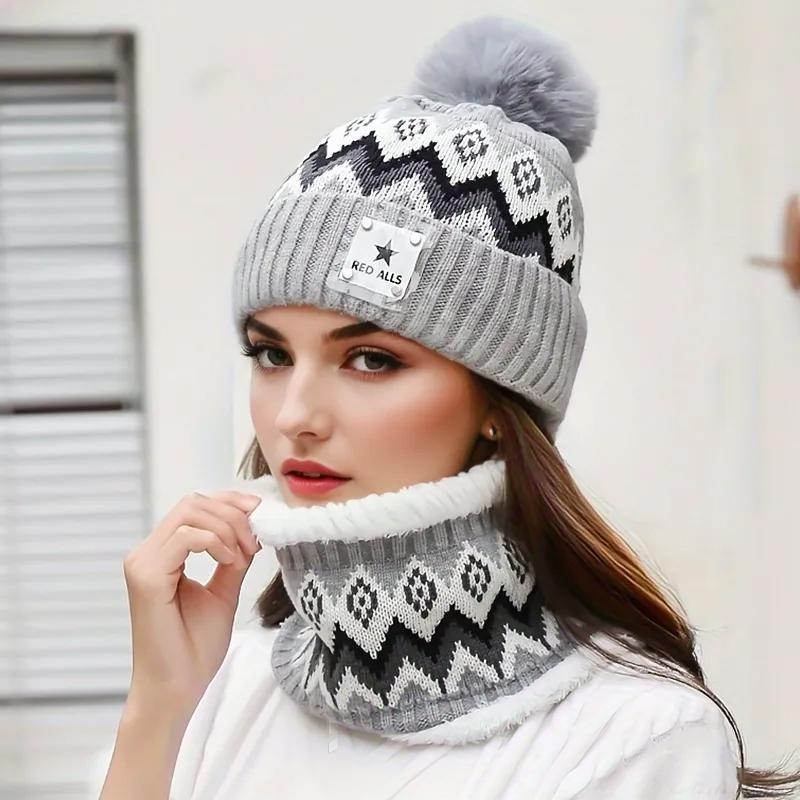 1Set Knitted Fabric Convenient Wearing Warm Gift Soft Flexible Scarf Outdoor Sports Hat Windproof Hat+Scarf
