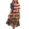 Women's Casual V Neck Short Sleeve Dress Independence Day Print Floral Pattern Knee Length Summer Dress