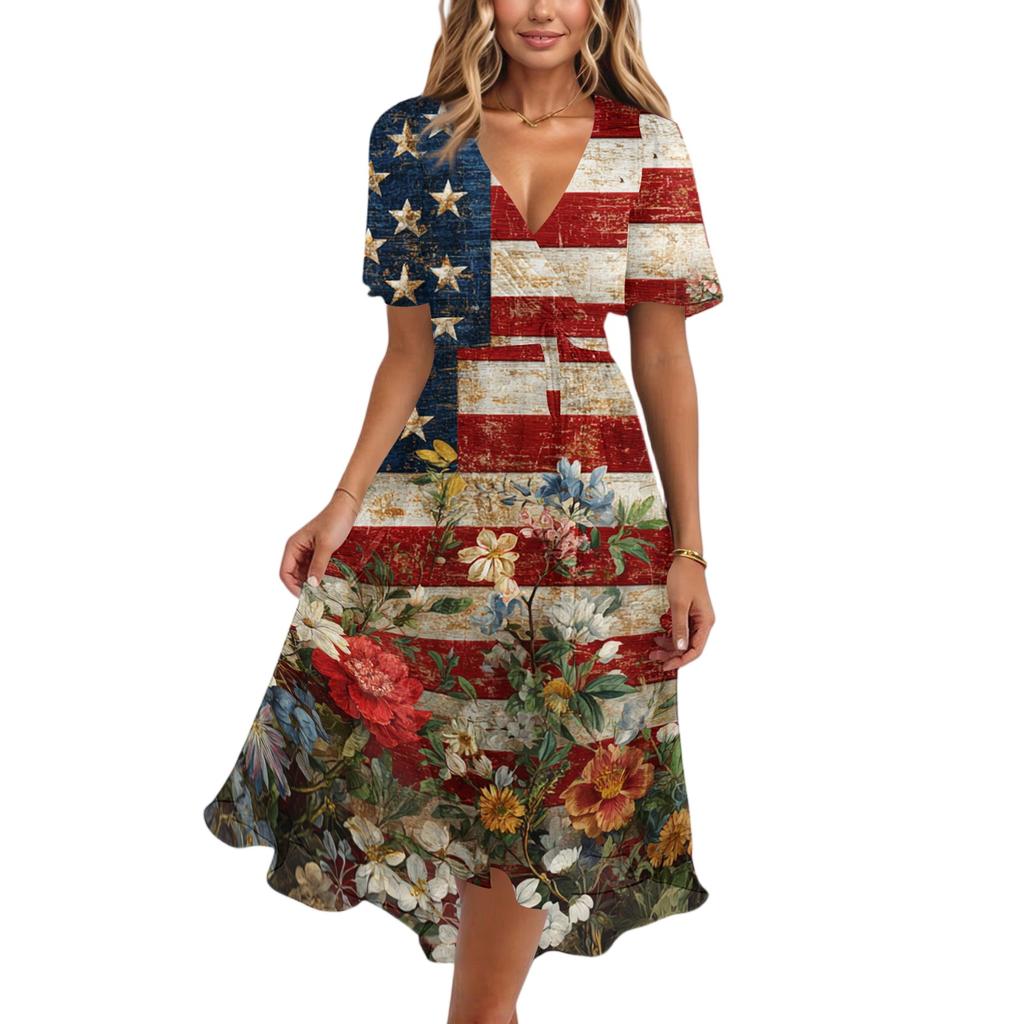 Women's Casual V Neck Short Sleeve Dress Independence Day Print Floral Pattern Knee Length Summer Dress