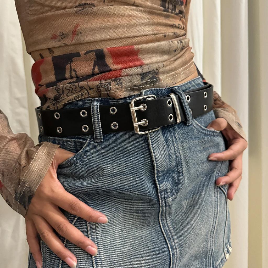 New Women's Belt Large size Double Hole Men Belt Punk Hip Hop Rock Style Subculture Y2K Belt Punch Free Belt for Men and Women