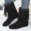Cross-border New Large-size Rivet Suede Fringed Boots Women's Foreign Trade Round Head Inner Height Increase Thin Medium Boots