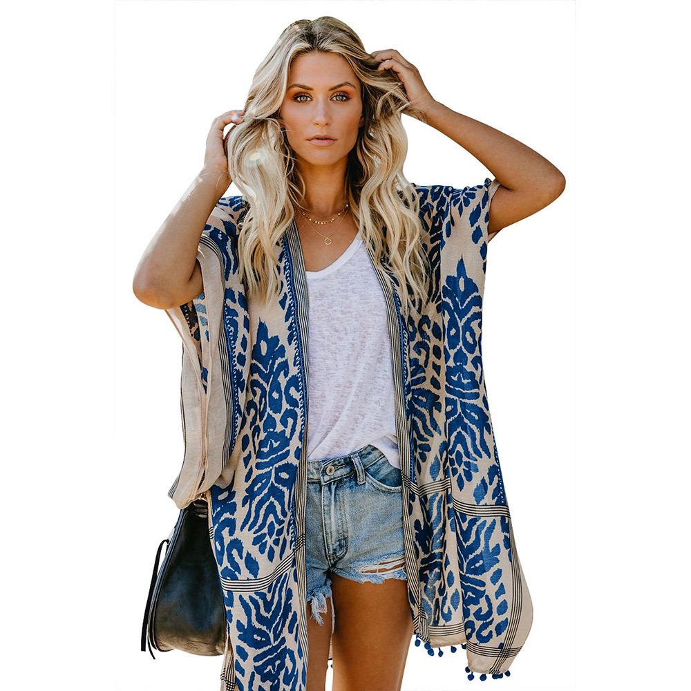 Bali Beach Resort Pom-pom Kimono Cardigan for Women - Printed Short Sleeve Cover-up