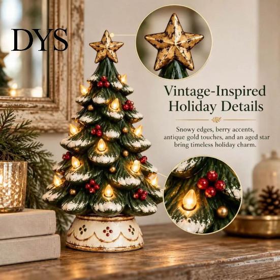 Portable Bedside Decorative Light Lighted Christmas Tree Tabletop Decor, Resin LED Artificial Xmas Ornament Branch with Warm Glow, USB Powered Holiday