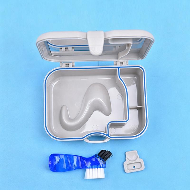 1 Set Denture Storage Box With Mirror And Cleaning Brush Portable False Teeth Container For Travel Daily Dental Care
