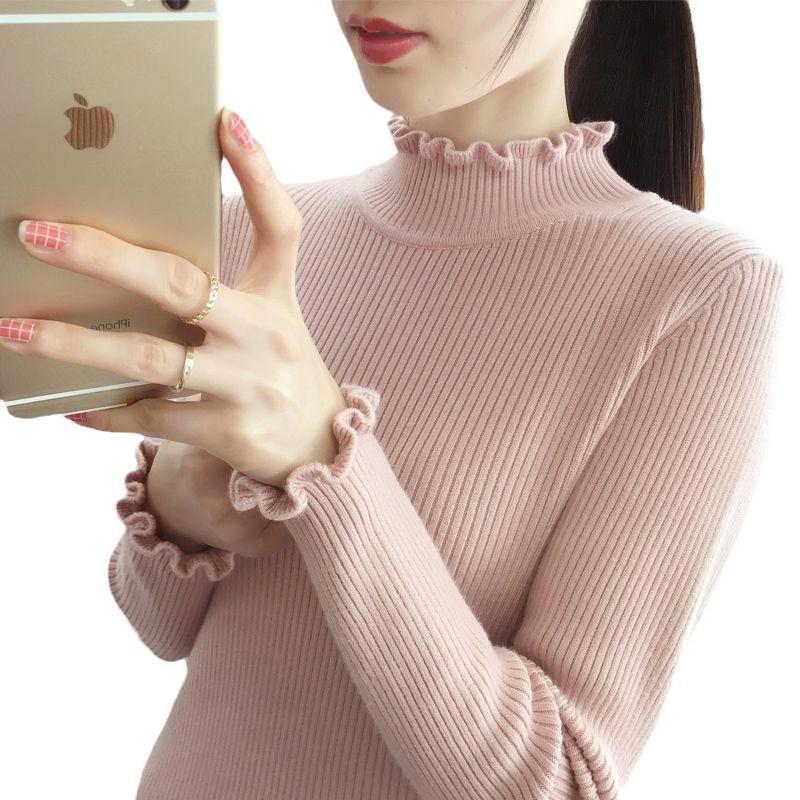 Dámský módní pletený svetr s dlouhým rukávem a rolákem, slim fit