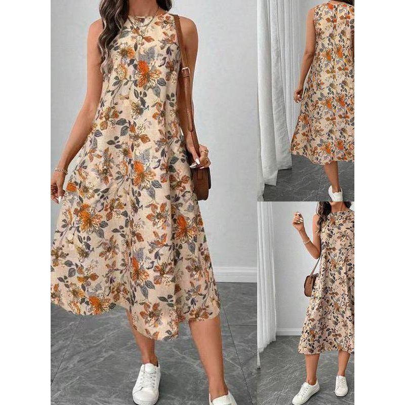 

Cross-Border Foreign Trade European and American Women s Clothing Amazon 2025 Summer Fashion Sleeveless Elegant Easiest for Match Loose Print Dress Earthy yellow S