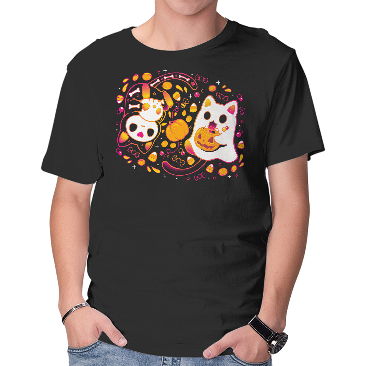 Unisex Crew Neck T-Shirt Halloween Kittens Graphic Short Sleeve Casual Tee XXXXL