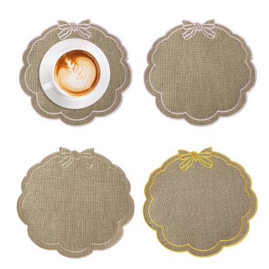 Placemat with Petal Shape And Bow Embroidery Table Mat Round Heat Insulation Non-Slip Oil Resistant Placemat for Dining Room