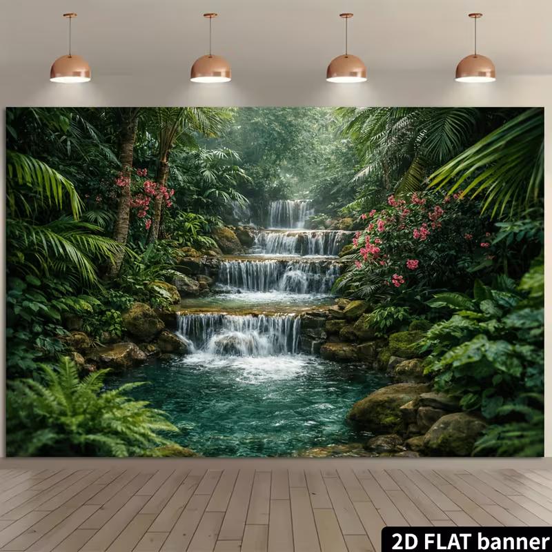 2D Lush Jungle Banner with Tiered Waterfalls Photo Booth Background Cloth