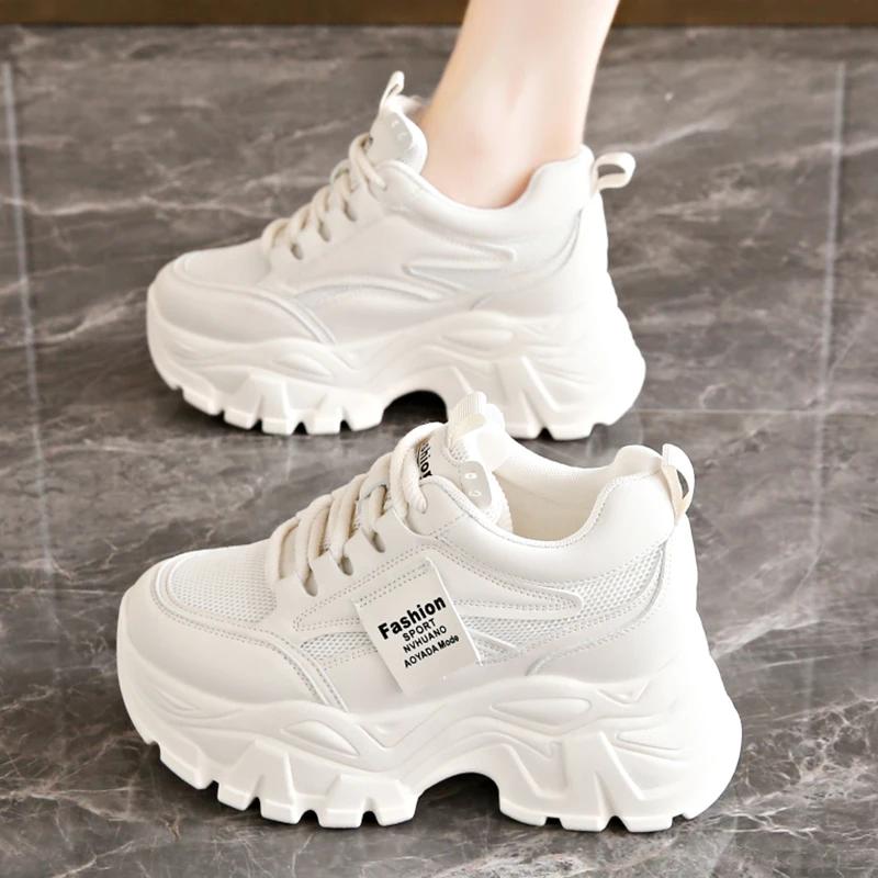 Fashion Women's White Platform Sneakers 2025 Spring Lace Up Thick Bottom Vulcanized Shoes Woman Breathable Non Slip Sports Shoes Ladies