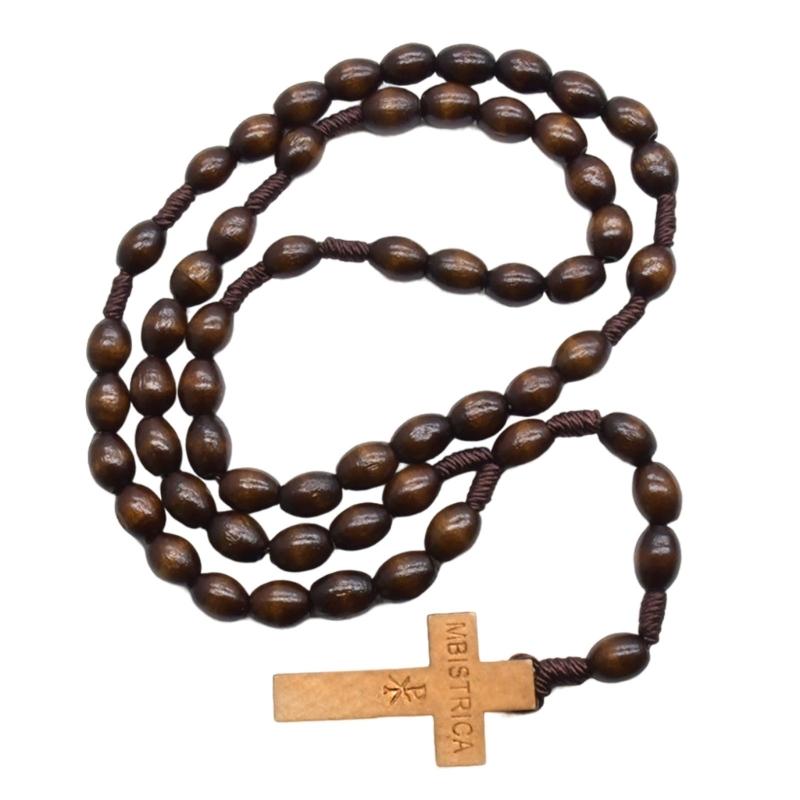 Elegant Necklace Wood Grains Rosary with Natural Beads and Crucifix Spiritual Jewelry for Devotion Meditations