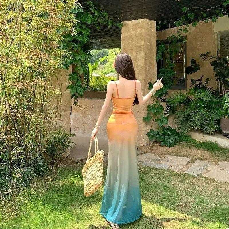 Sunset Sexy Dress Beautiful Smudge Gradual Change Thailand Sanya Seaside Vacation Bag Arm Fishtail Dress Dress