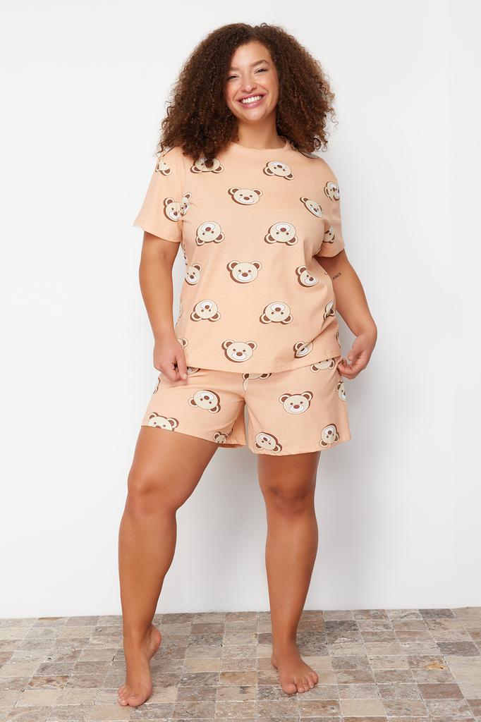 Women's Fashion New Plus Big Size Pajama Set Green Crew Neck Striped Knitted Pajama Set