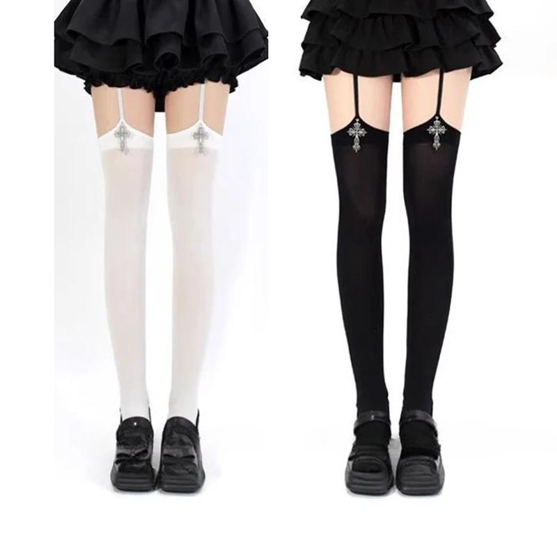 1/2pairs Gothic Cross Decoration Tight for Women Stockings Solid Color Thin Thigh High Lolita Over Knee Stockings