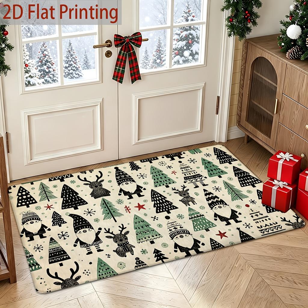 2D Flat Christmas Elf And Pine Tree Pattern Welcome Anti-Slip Mat, Soft Plush Polyester Fiber Doormat, Machine Washable Non-Deformable Design, Festive