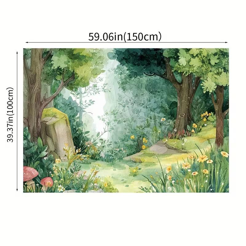 2D Magical Forest Photography Backdrop, Watercolor Green Woodland Background Cloth for Studio & Party Decoration