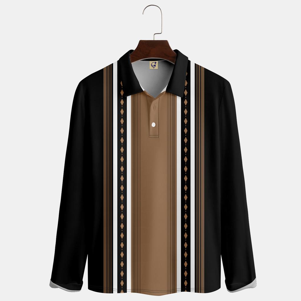 Herren-Revers-Langarm-bedrucktes Freizeit-Oberteil, lockeres Sport-Revers-Hemd