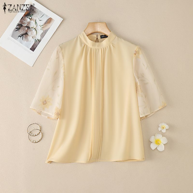 ZANZEA Women Casual Round Neck Splice Half Sleeve Summer Blouse