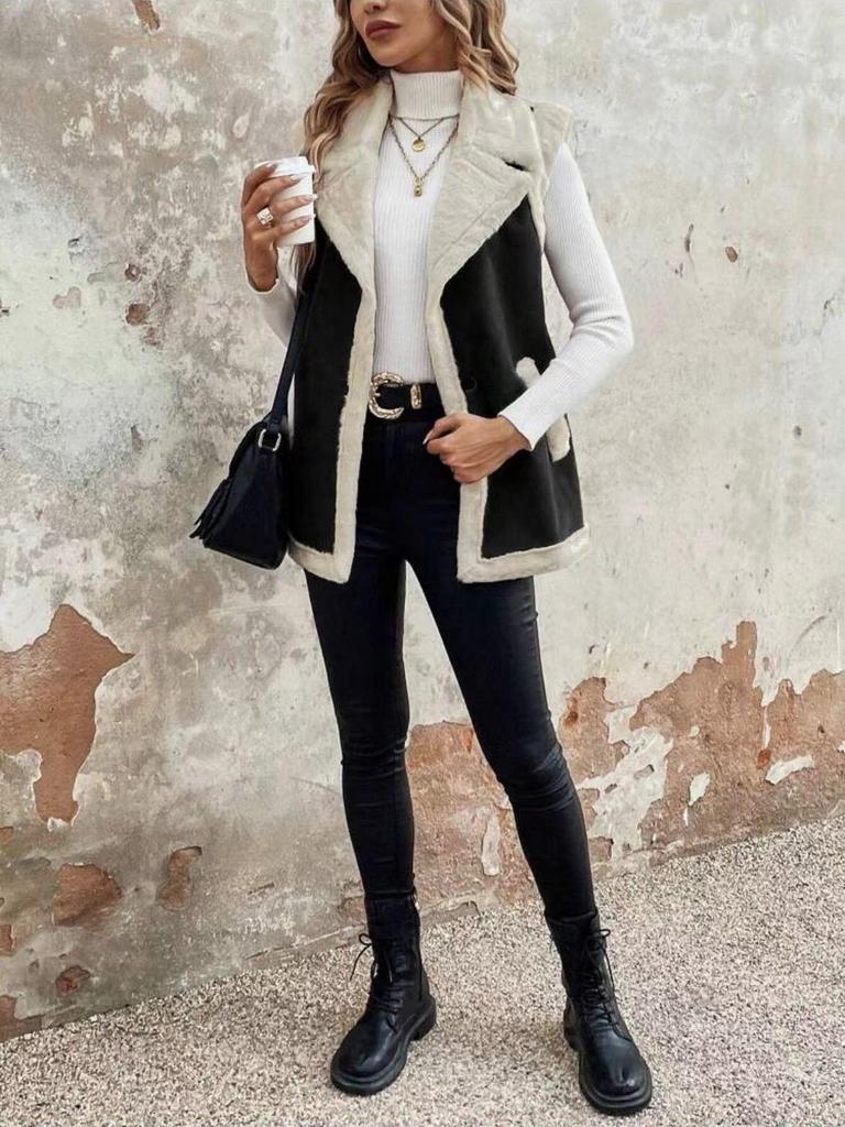 Vestă de damă de lungime medie, din lână de miel îmbinată, la modă