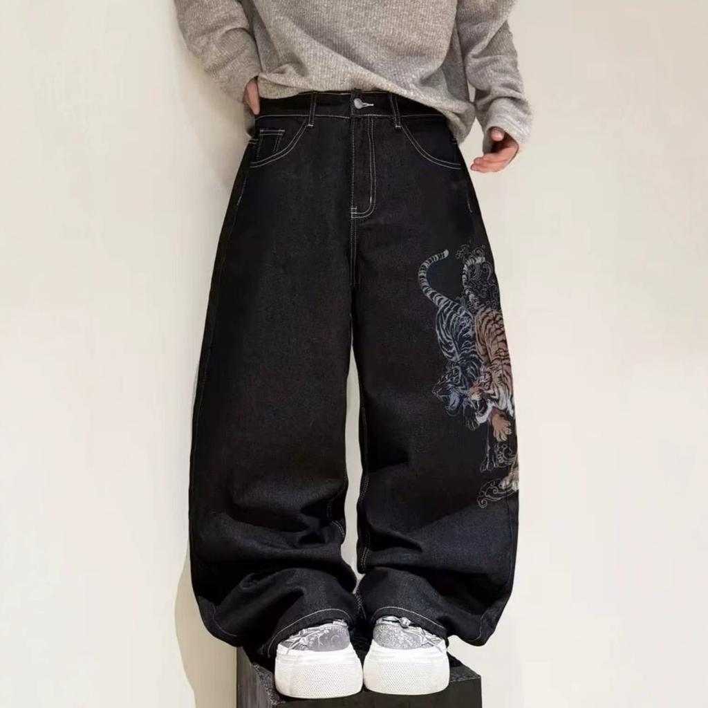 European and American Design Sense Printed Casual Trousers Street Trend Loose Wide-footed Jeans