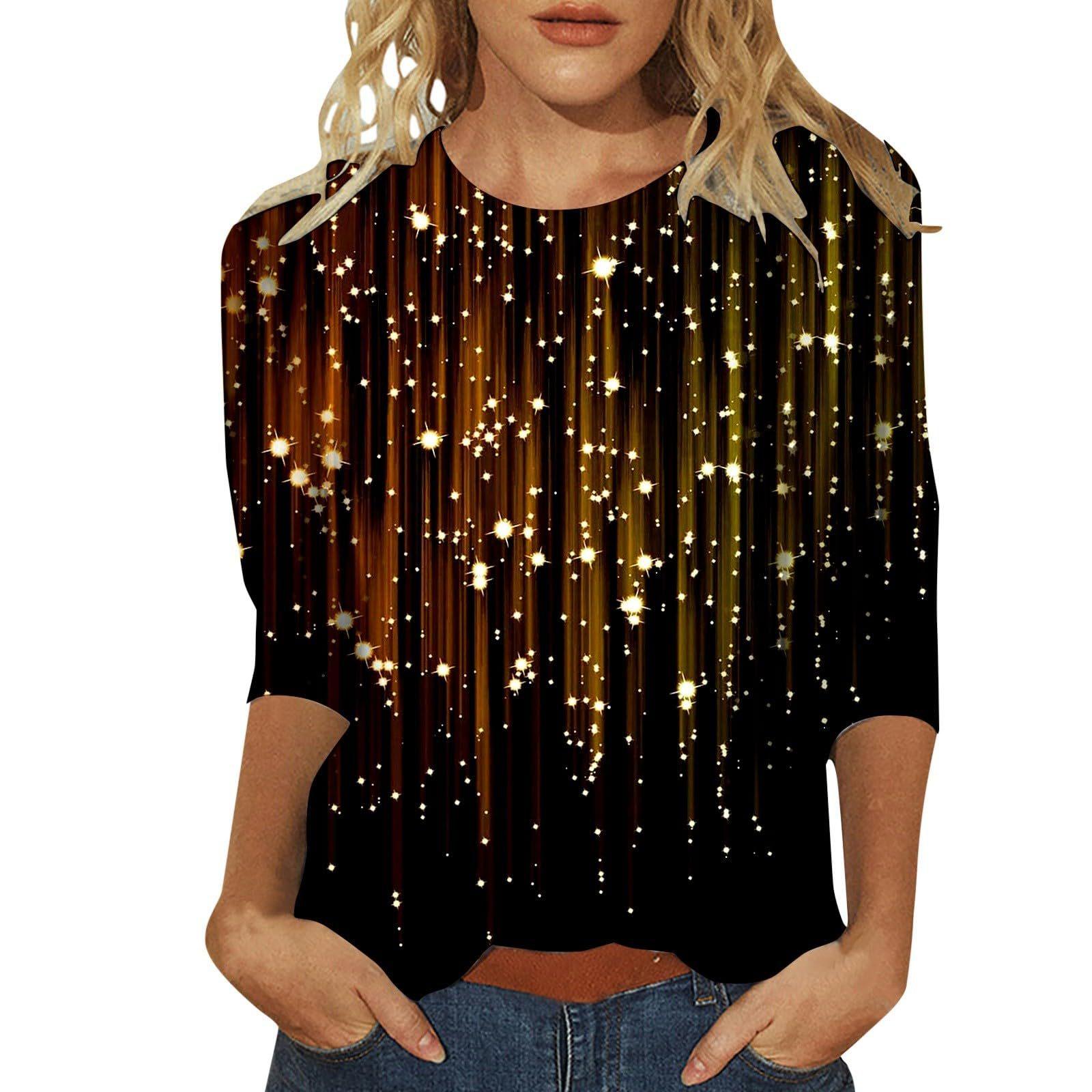 

Весенне-осенние женские футболки с круглым вырезом, с блестящим узором и 3D-принтом, модные повседневные с длинным рукавом XXL