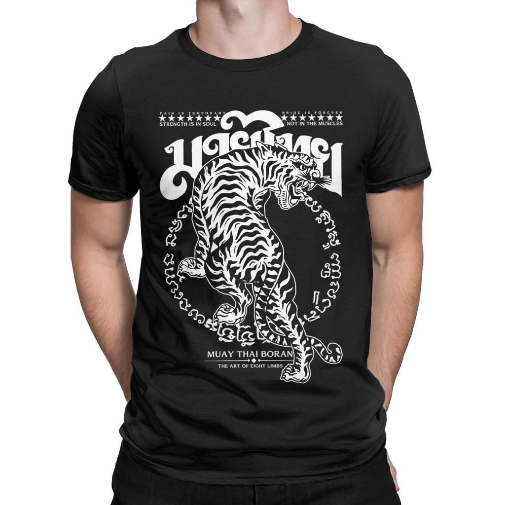 Męskie Koszulki Muay Thai Sak Yant Tygrys Unikalna 100% Bawełna Krótki Rękaw Koszulki Bokser Odzież Lato