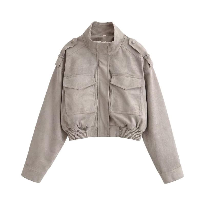ZA Womens 2025 Fall Fashion Slim Fit Suede Short Jacket Casual Stand Collar Long Sleeve