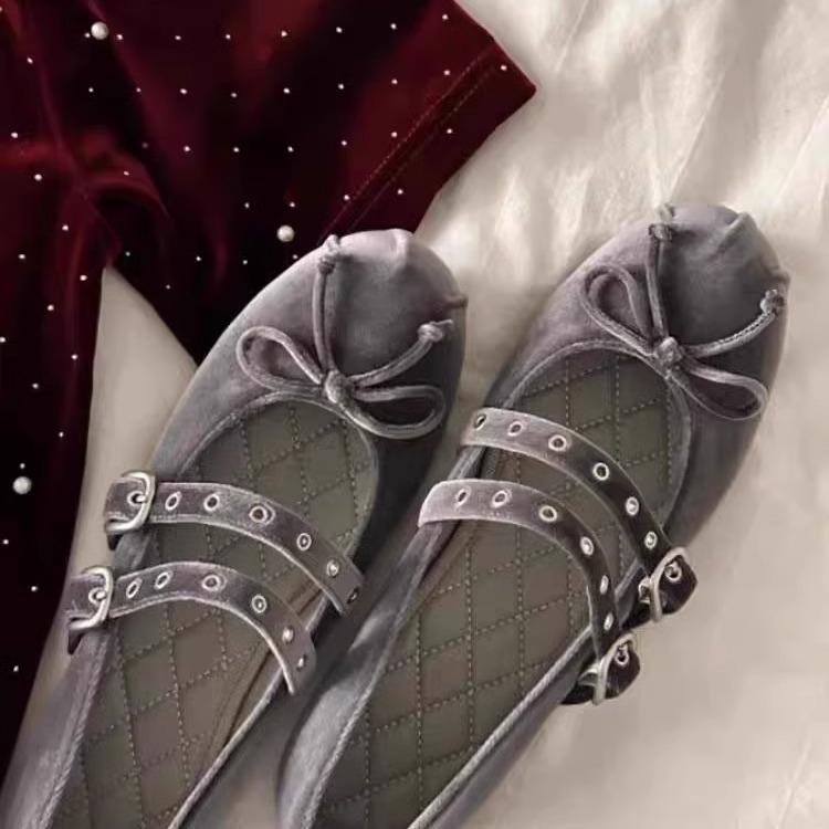 Sheepskin version~ velvet flat Mary Jane shoes women's spring new double buckle bow ballet shoes retro single shoes