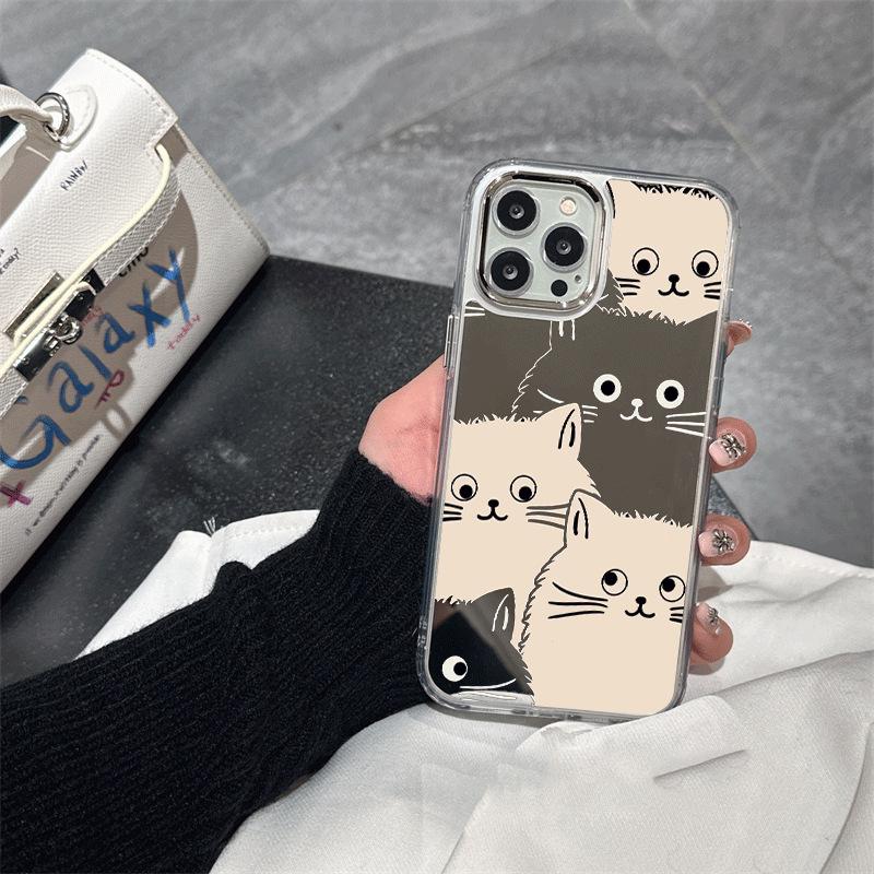 Silver Frame Mirror Phone Case for iPhone 15/14/13/12 Pro Max with Three Cat Design