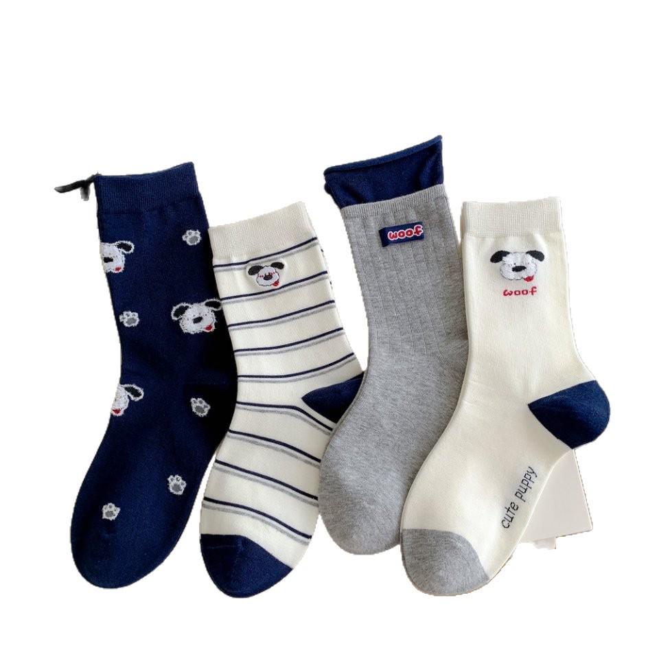 Autumn & Winter Cute Embroidered Cartoon Flocking Striped Puppy Mid-Calf Pure Cotton Preppy Women's Scrunched Socks.