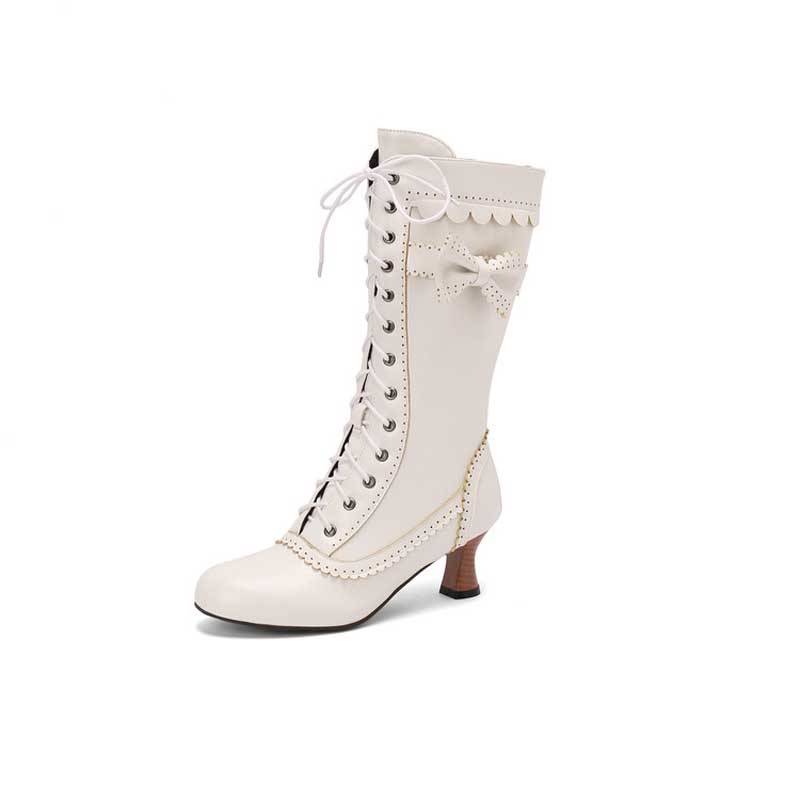 

Женские ретро ботинки до середины икры с бантом, на шнуровке, на среднем каблуке, с круглым носком, зимние ботинки, женская праздничная обувь, большие размеры 42 43 WSH5170 40