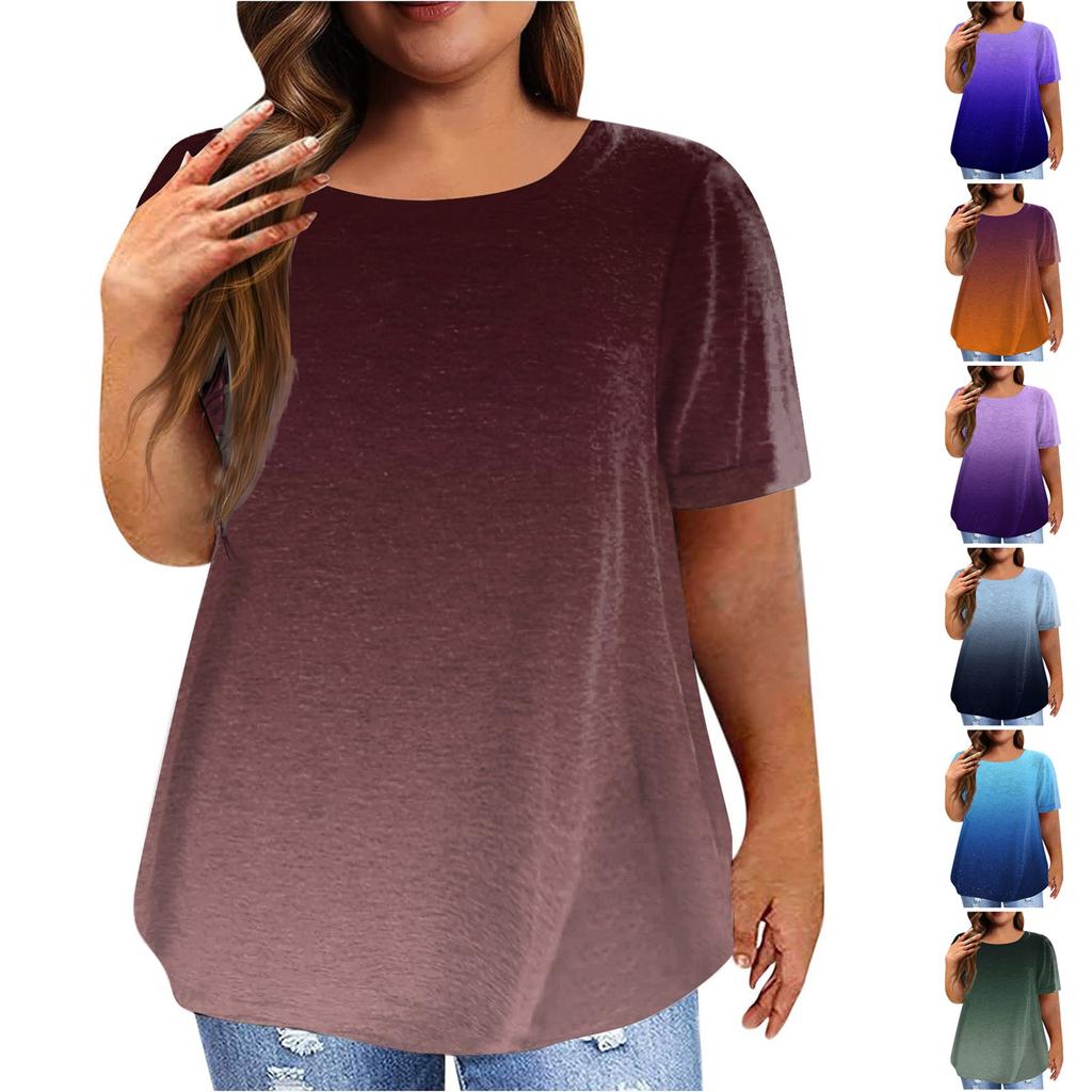Dámské klasické triko Vintage Gradient skládané s krátkým rukávem Tričko Top Plus Size Pullover Basic Top