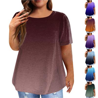 Women's Vintage Gradient Pleated Short Sleeve Casual T-shirt Top Plus Size Pullover  Basic Top
