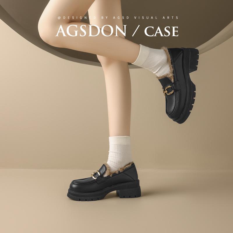 Black new autumn and winter platform British style small leather shoes velvet cotton shoes single shoes