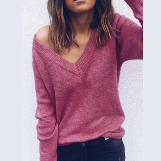 Winter Chic Lady Solid Color V Neck Long Sleeve Casual Pullover Knitted Blouse
